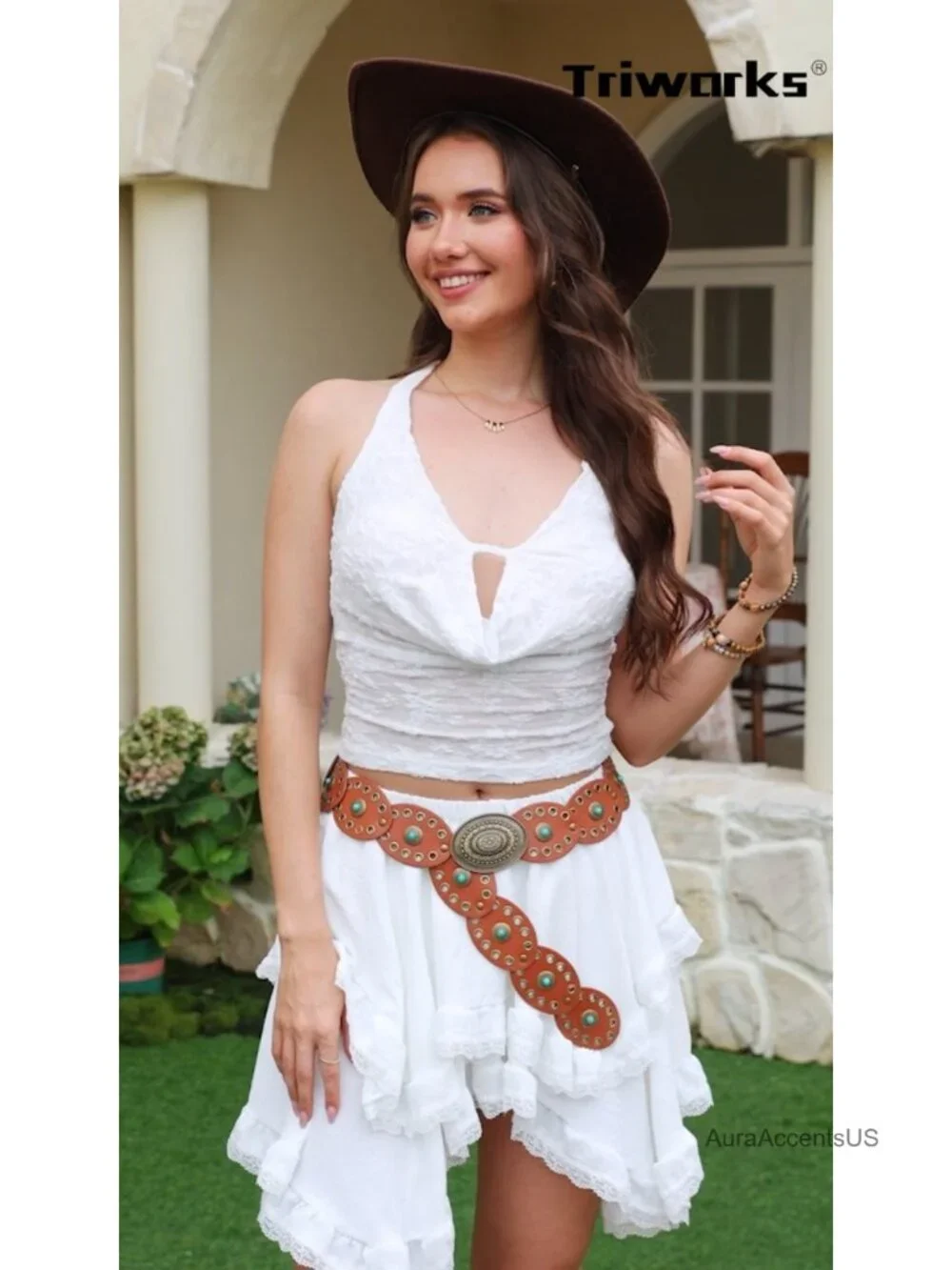 Wide Cowgirl Disc Belt with Turquoise Concho PU Leather Western Belt for Dress